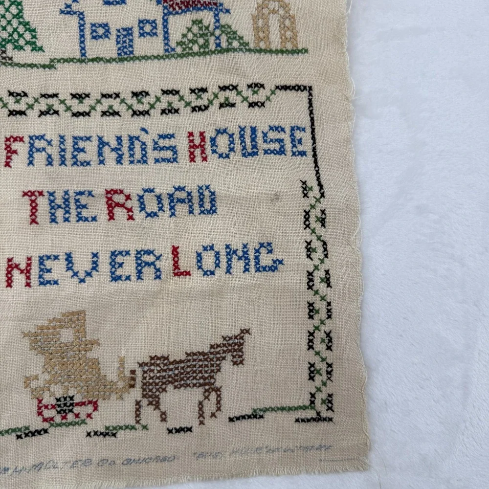 VTG Linen Sampler Cross Stitch Unframed 12x9 Road is Never Long 30s 40s Look